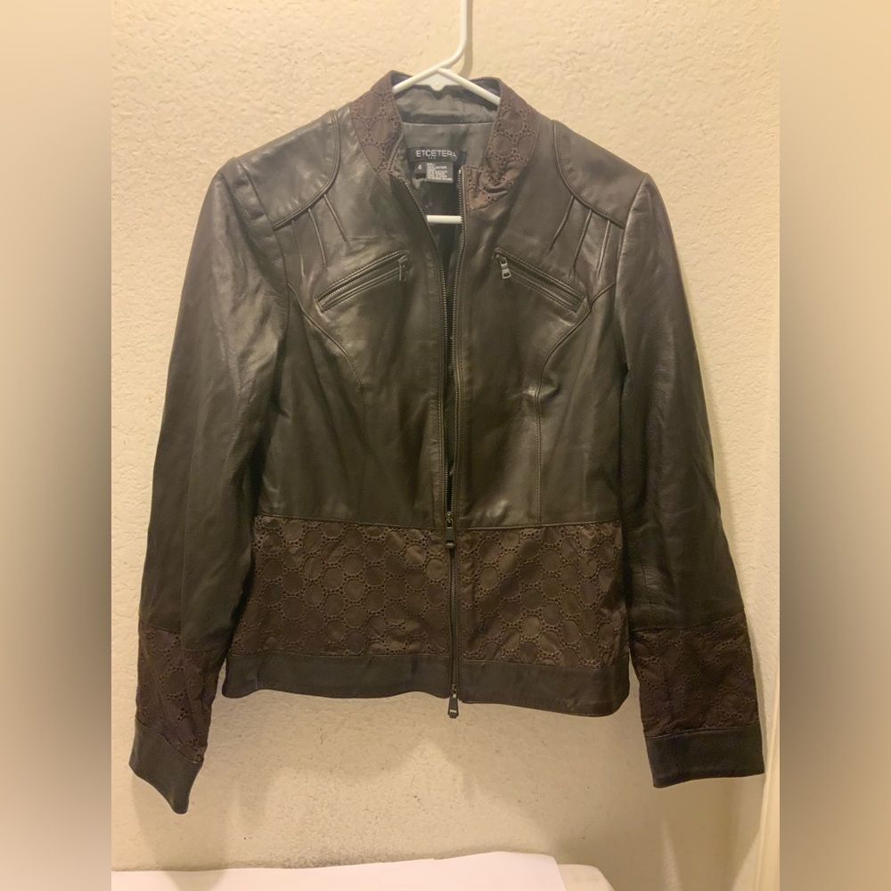 ETCETERA Women's Leather Biker Jacket Eyelet Pocket Dark Brown Size 4